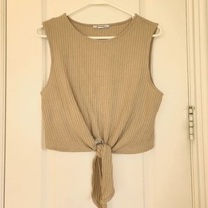 Zara Trafaluc Ribbed Knit Front Tie Cropped Top Beige Tan Large